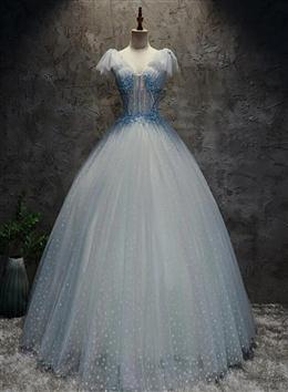 Picture of Light Blue Tulle Long Party Dresses Formal Dresses, Blue Tulle Formal Dresses with Flowers